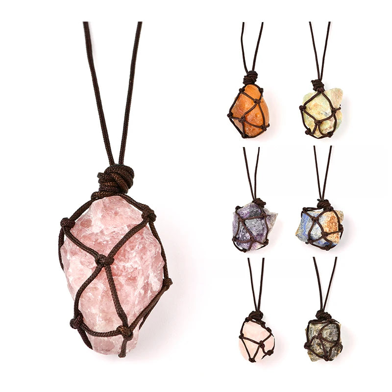 Hand Craft Braided Raw Crystal Pendant Necklace Irregular Shaped 30-40mm Raw Crystal Pendant