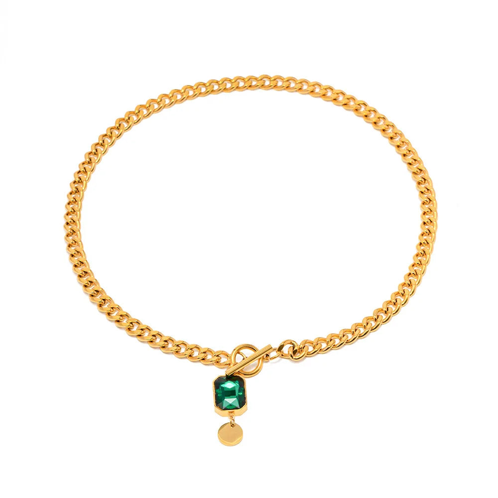 Classic Green Gemstones Necklace for Lady Hot Selling Stainless Steel Cuban Chain Choker Necklace PVD Gold Plated Women Jewelry