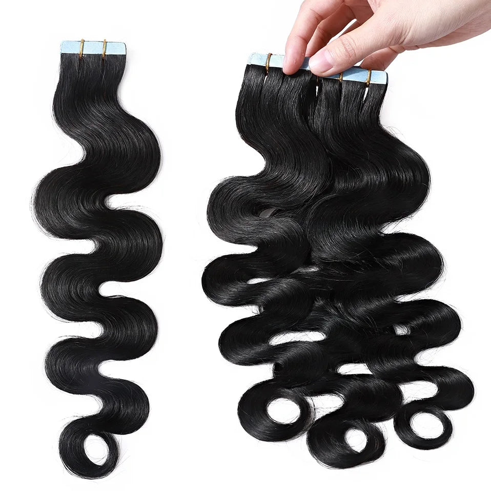 Double Drawn Tape Extensions Long Hair 14"-30" Raw Indian Body Wave Very Sticky American Glue Tape in Extensions 100 Human Hair