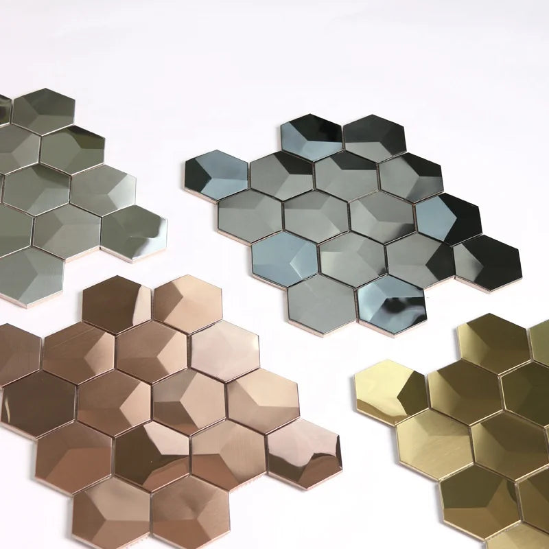 European Style Gold Mirror Brushed Stainless Steel Decorative Tile Colored Hexagon Floor Mosaic Wall Tile Blue