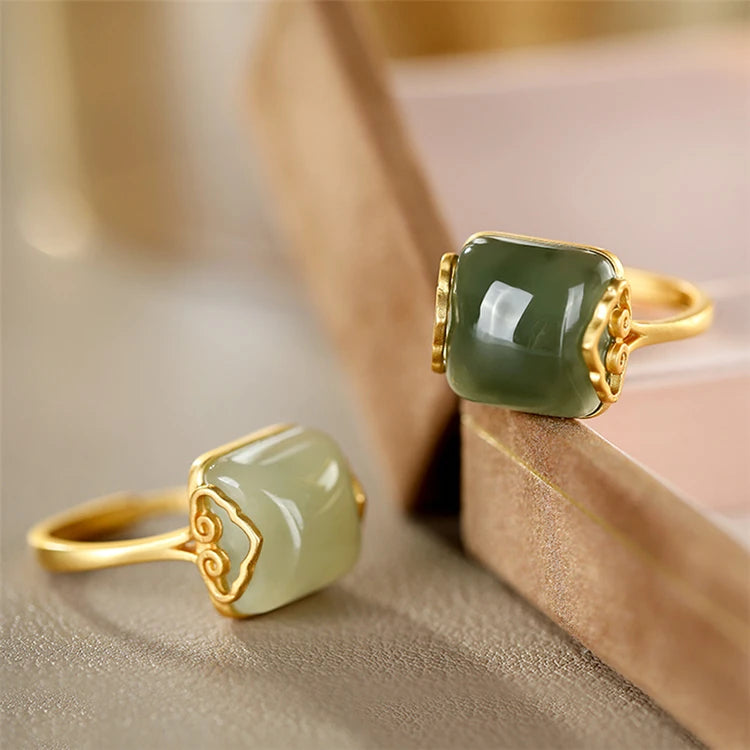 Aimgal Fine Jewelry Retro Elegant S925 Sterling Silver 18K Gold Plating Open Ring Jade Gemstone Trendy Style Women's Party