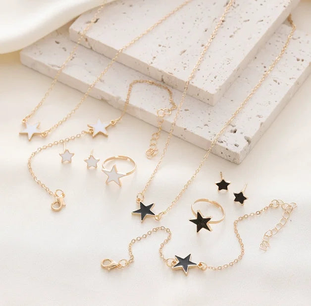 Cross-border Hot Drip Oil Five-Pointed Star Stainless Steel Necklace Simple Fashion Bracelet Personality Stud Necklace Set