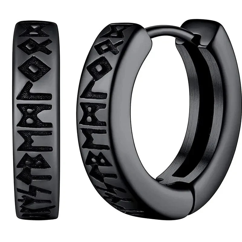 1Pair Norwegian Viking Rune Hoop Earrings for Men 316L Stainless Steel Huggie Hoop Religious Ear Piercing Jewelry (KSS525)