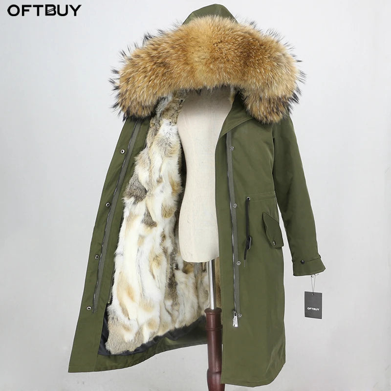 OFTBUY 2023 X-Long Winter Parka Jacket for Women Waterproof Outerwear with Natural Raccoon Fur Hood & Fur Liner Zipper Closure