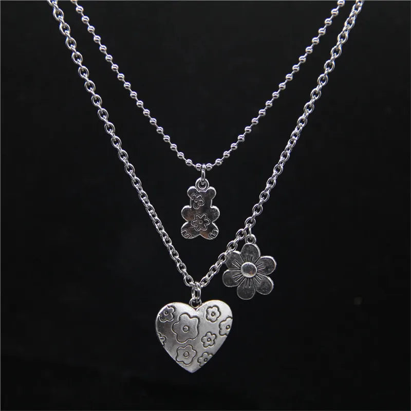 Hip Hop Rock Stainless Steel Chain  Men Necklace Vintage Punk Flower Bear Heart Pendant Necklace for Women