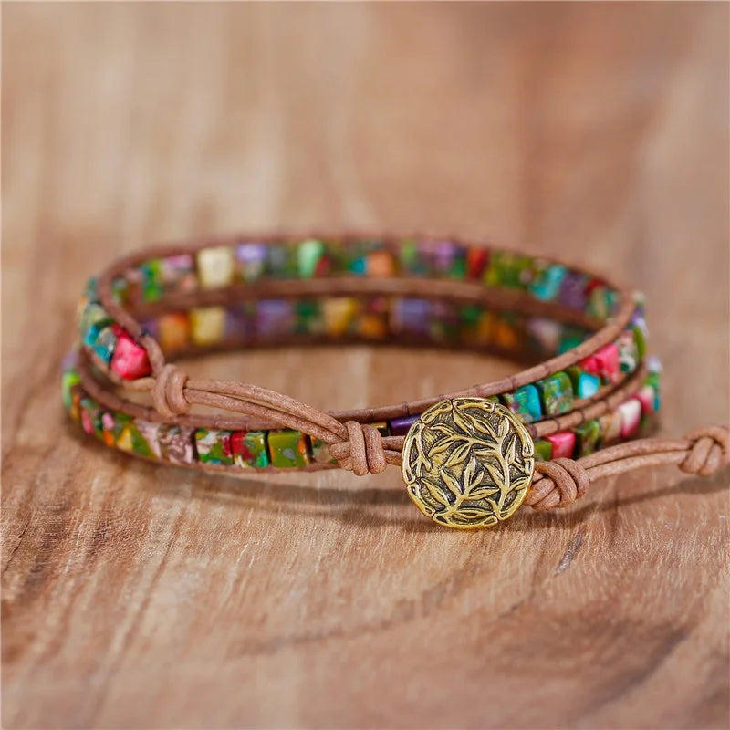 Vintage Leather Bracelets High End Multi Colors Natural Stones 2 Strands Wrap Bracelets Woven Bead Statement Bracelet Wholesale