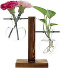 Modern Glass Bulb Vase Desktop Plant Terrarium with Retro Solid Wooden Stand and Metal Swivel Holder for Hydroponics Plants Deco