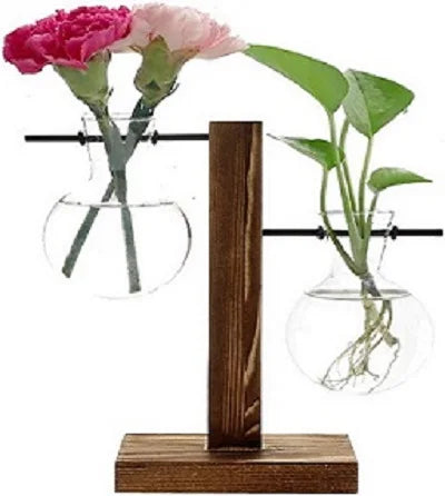 Modern Glass Bulb Vase Desktop Plant Terrarium with Retro Solid Wooden Stand and Metal Swivel Holder for Hydroponics Plants Deco