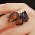 Wholesale Jewellery Handmade Natural Stone Irregular Crystal Rings Double Amethyst Citrine Retro Style Adjustable Ring for Gifts