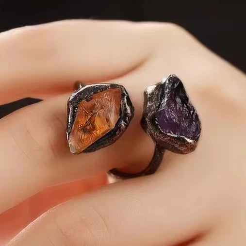 Wholesale Jewellery Handmade Natural Stone Irregular Crystal Rings Double Amethyst Citrine Retro Style Adjustable Ring for Gifts