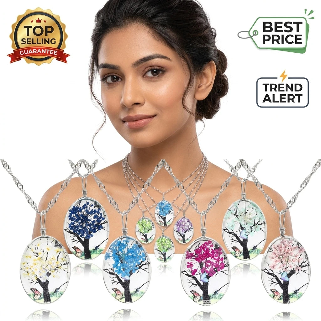 Trendy Crystal Indian Women Charms Crafts Glass Plant Lucky Resin Fresh Tree Dried Tree/Flower Pendant Necklaces with Resin