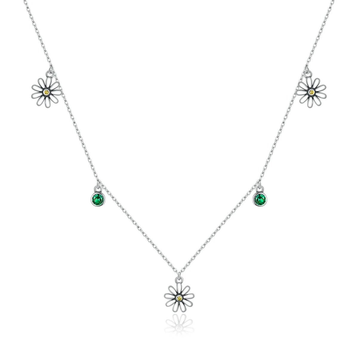 2022 New Real 925 Sterling Silver Daisy Flower Necklace Green Zircon Long Chain Silver Necklace for Women Jewelry SCN415