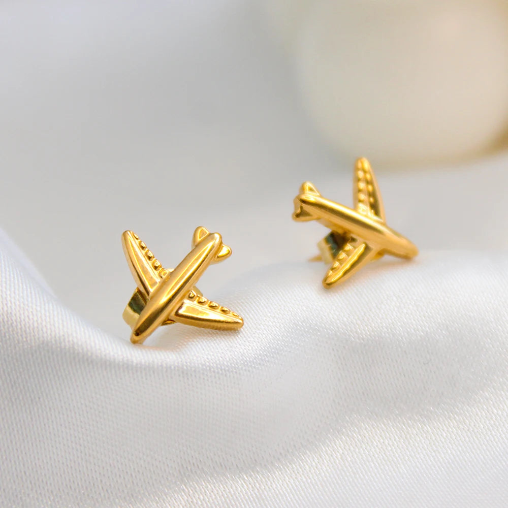 Stainless Steel Cute  Airplane Earrings Trend Simple Fashion Stud Earrings for Women Jewelry Party Wedding Best Gifts