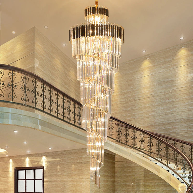 Villa Duplex Living Room Crystal Chandelier Gold  Decor Hall Loft Long Pendant Light Stair Spiral High Ceiling Design Fixture