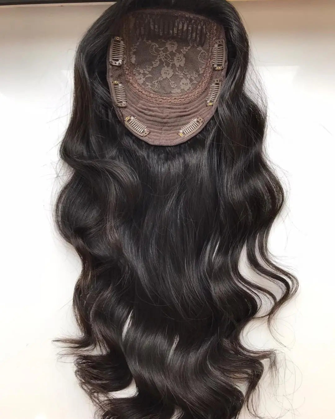 100% European Human Hair Natural Black Wavy Clip in Hair Piece Jewish Kosher Topper 6x7' 7x8' Silk Base Toupee for Women