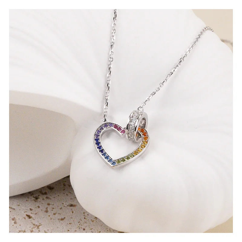 Summer Popular 925 Sterling Silver Colorful Heart Necklace Rainbow Zircon Love Mobius Rings for Women