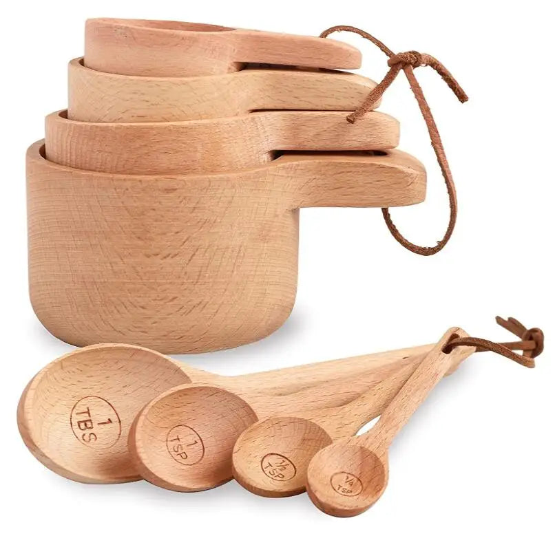 Natural Handcrafted Wooden Eco-Friendly Measuring Cups and Spoons Set 8Pcs for Home Kitchen Baking Cooking