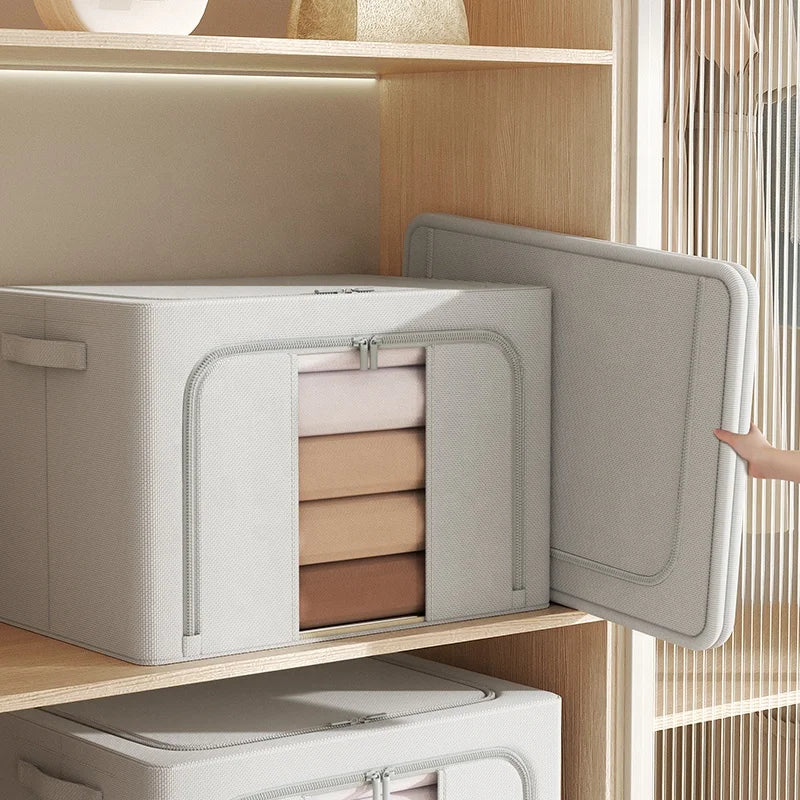 Large Capacity 66L Foldable Wardrobe Stock Clothes Storage Organizer Bag Waterproof Fabric Linen Cloth Steel Frame Storage Box