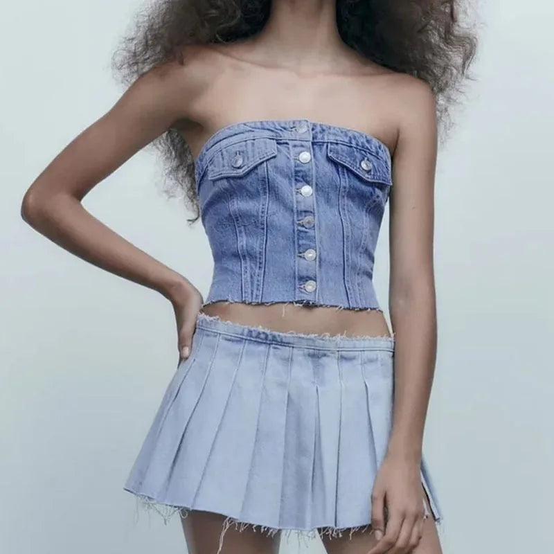 Summer Strapless Tank Top Denim Vest Corset Breathable Vintage Ruched Short Women's XS-L
