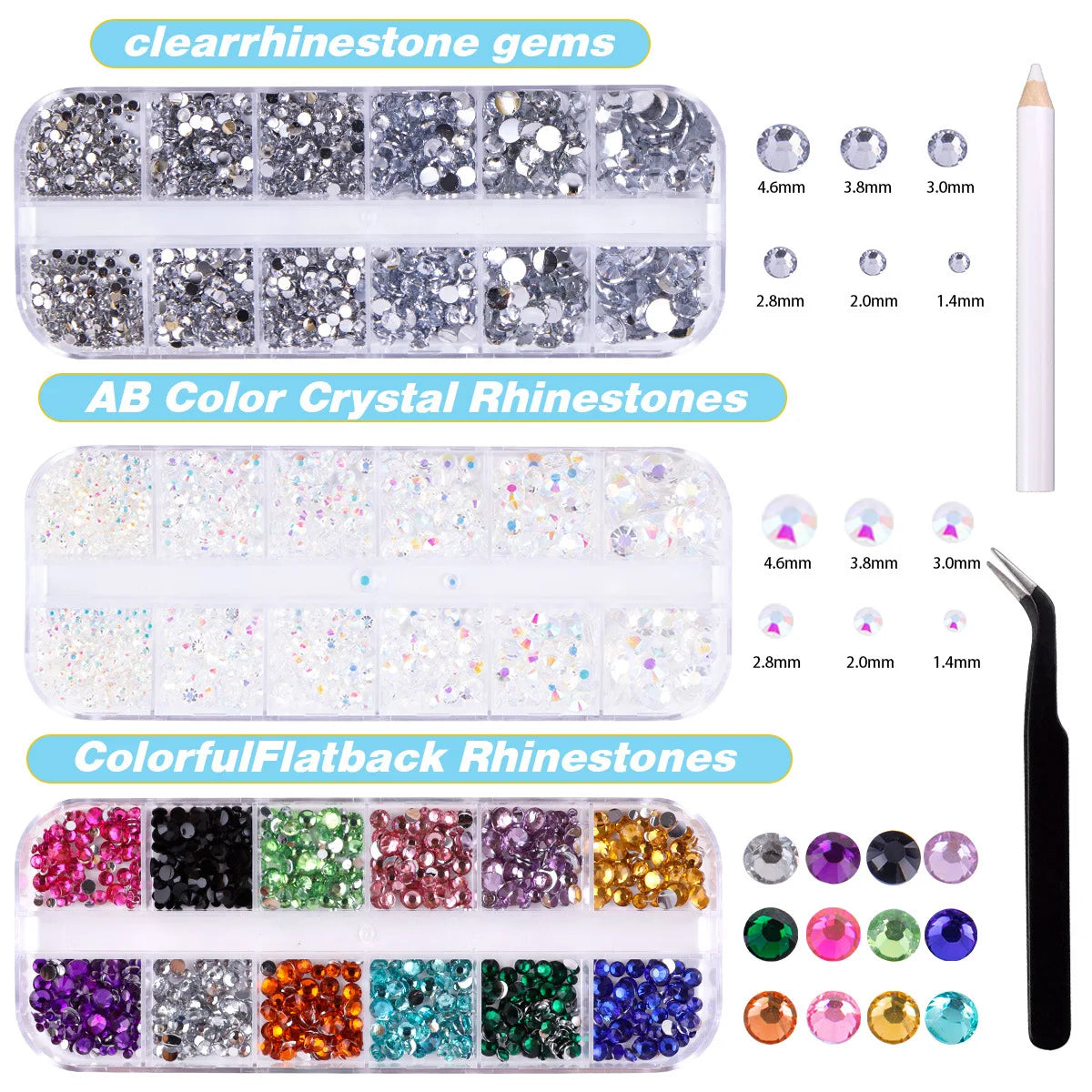 Cross-Border 12-Box Flat-Bottomed Diamond Nail Art Jewelry Resin Acrylic White AB Color Loose Rhinestones for DIY Crystal