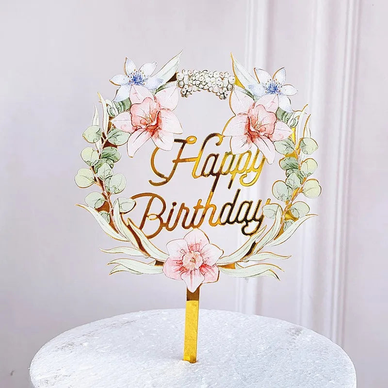 Ins Style Happy Birthday Decoration Plugin Acrylic Flower Cake Topper