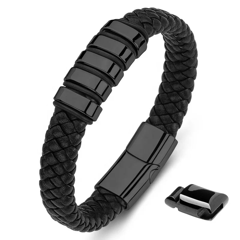 Custom Engraved Stainless Steel Magnetic Closure Genuine Leather Bracelet for Men