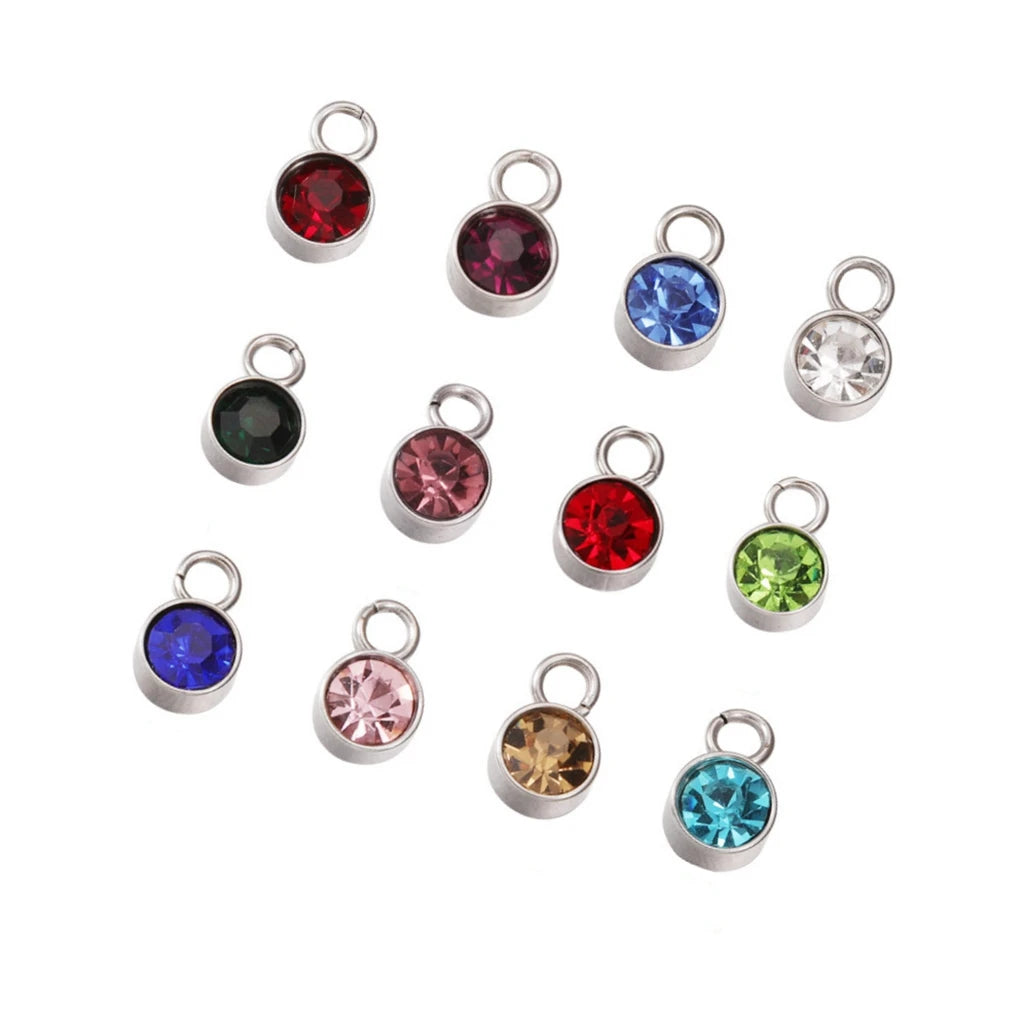 6mm Silver Stainless Steel Round Birthstone Charms Pendants for DIY Craft Necklace Bracelet Jewelry Making Findings