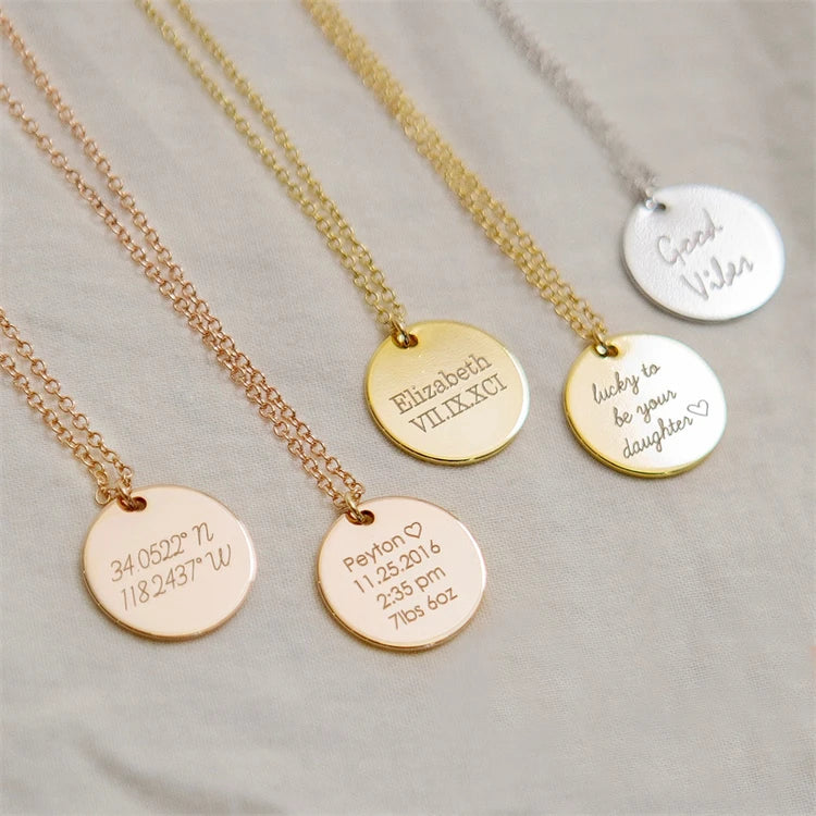 Fashion Fine Jewelry 18k Gold Plated 925 Sterling Silver Engrave Custom Name Letter Personalized Round Disc Necklace for Women