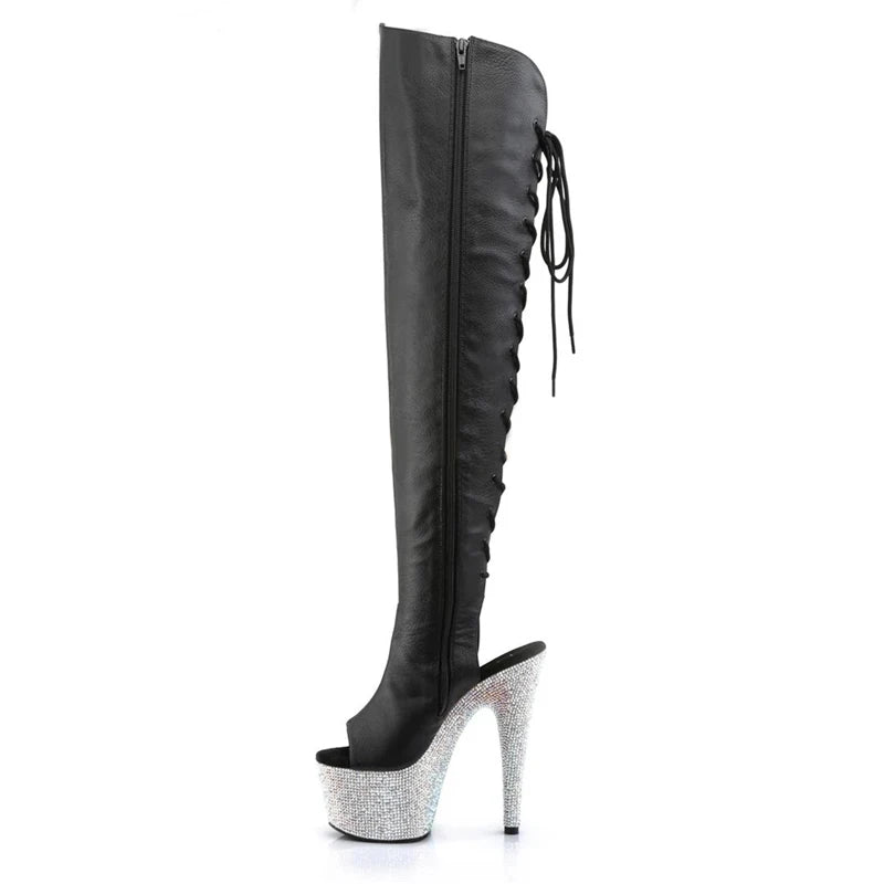 Over-the-knee Boots Night17cm Heels Crystal Diamond Shoes Rhinestones Pole Dancing Boots for Models 7 Inch  Exotic Dancer Boots