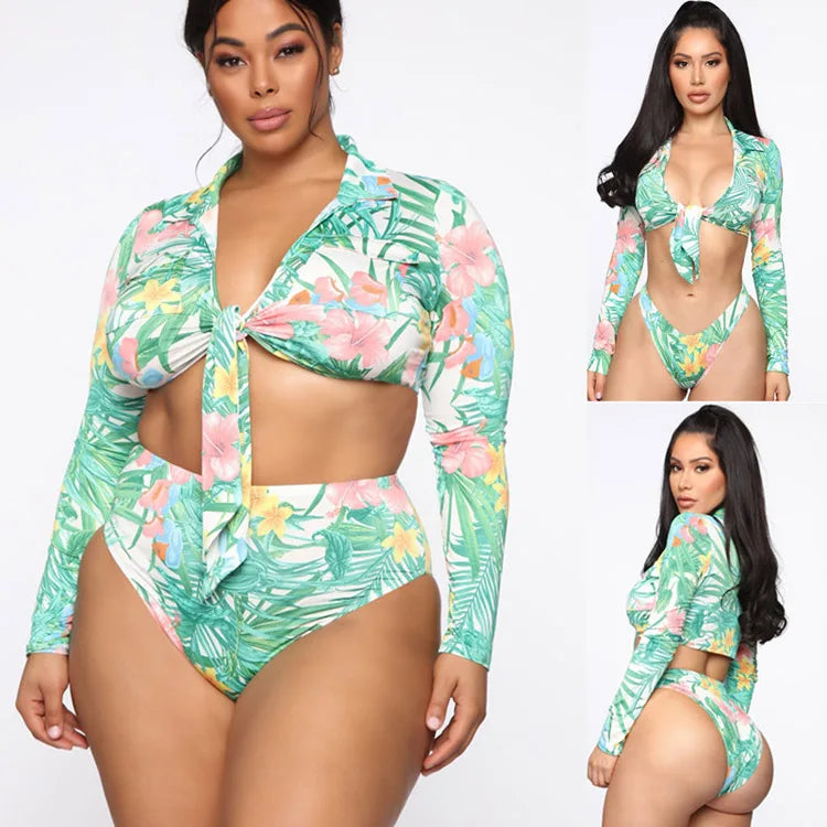 New Flower Printed Bikini Set Long Sleeve Trajes De Bao Plus Size Bikini Beachwear