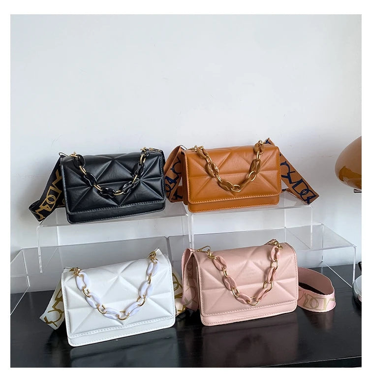 Fashionable Ladies PU Leather Messenger Bag Chains Decoration Single Strap Portable Handbag Geometric Pattern Two Handles Price