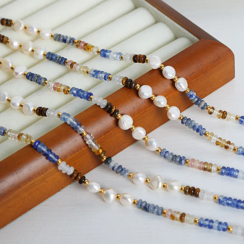 Vintage Handmade Jewelry Stainless Steel Natural Stone Abacus Beads Baroque Freshwater Pearl Chain Necklace for Women Girls