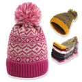 Children's Winter Woolen Knitted Hat with Pom Pom Double Color Diamond Grid Beanie Waterproof Fabric