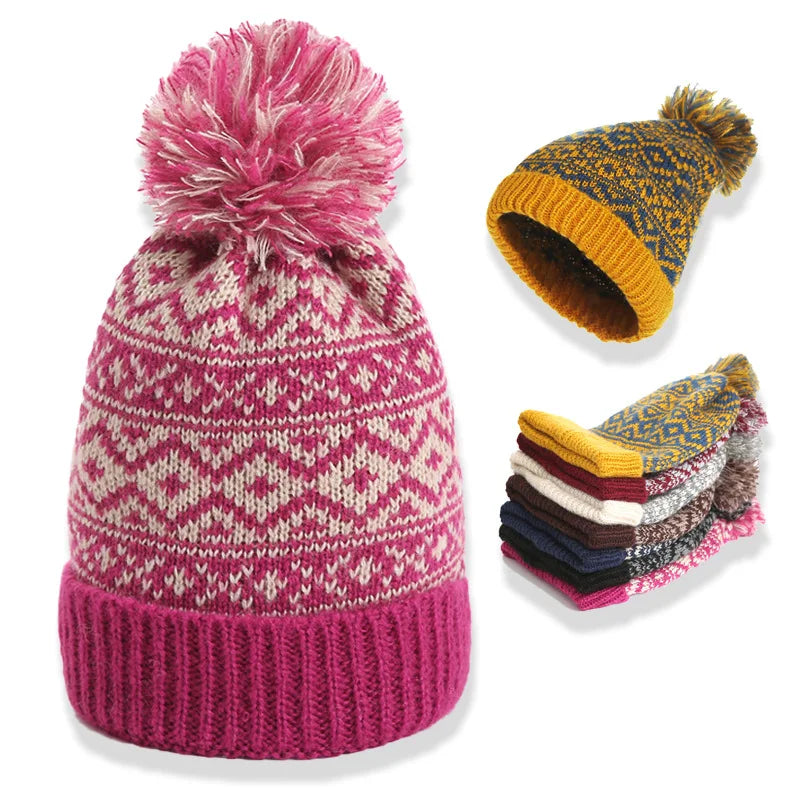 Children's Winter Woolen Knitted Hat with Pom Pom Double Color Diamond Grid Beanie Waterproof Fabric