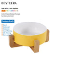 BESTCERA Colorful Matted Ceramic Bowl Pets with Wood Stand Ceramic Pet Cat Dog Bowl