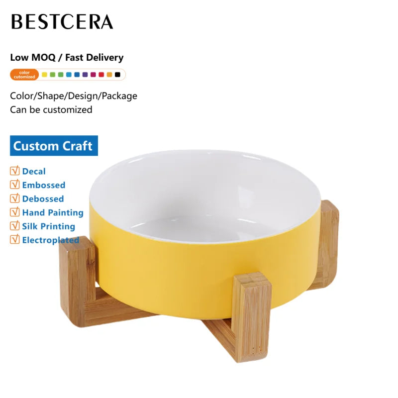 BESTCERA Colorful Matted Ceramic Bowl Pets with Wood Stand Ceramic Pet Cat Dog Bowl