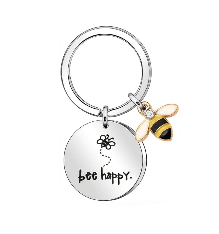 Stainless Steel Bee Happy Keyring Keychain Gift With Bee Pendant for Mom Aunt Daughter Niece Friends