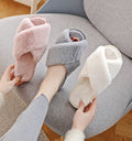 NEW Design Women Winter House Furry Slippers Women Cross Fluffy Fur Home Slides Flat Indoor Floor Shoes Ladies Flip Flops