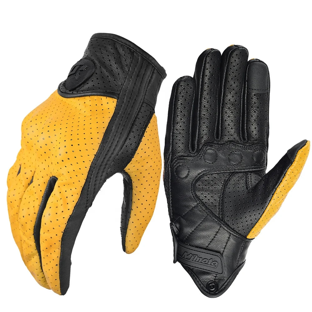 Summer Breathable Perforation Motorcycle Gloves Retro Leather Full Finger Touchscreen Built-in EVA Shell Casual Outdoor