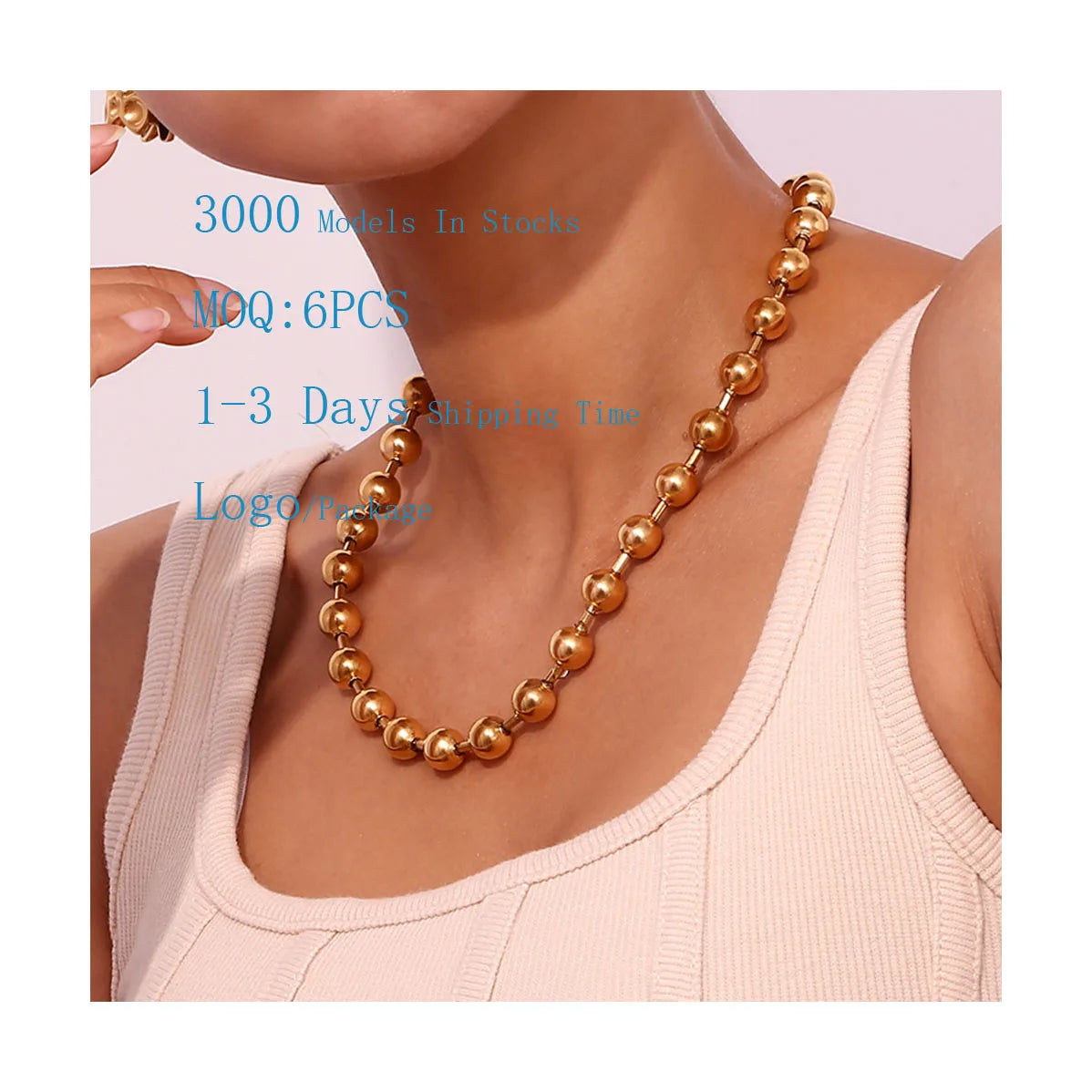 Classic Daily Wear Choker Necklace for Women Tarnish Free 18K Gold Plated Stainless Steel Necklace Fashion Bead Chains Necklace