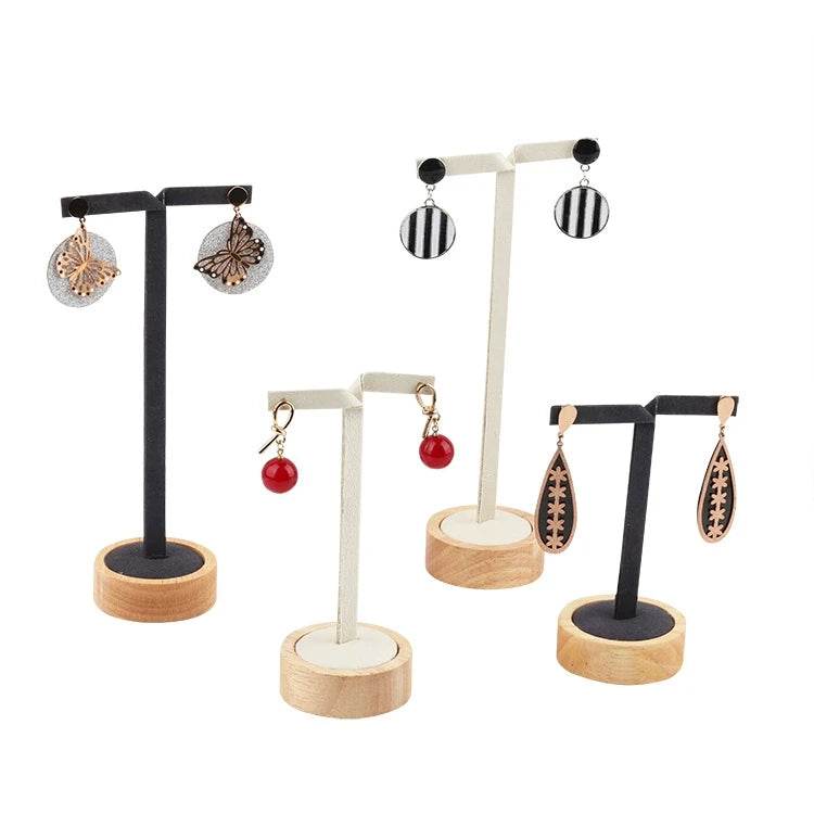 Popular 2 Pcs/set Wood Base Beige Leather Dark Gray Microfiber  Earrings Display Holder Props Stand Jewelry