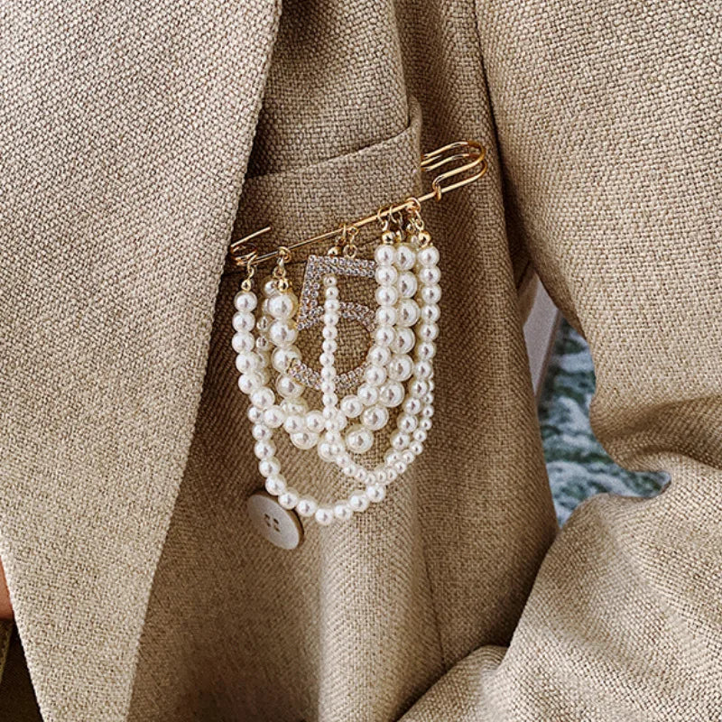 High-end Fashion Imitation Pearl Tassel Brooch Pins Women Children's Wedding Jewelry Shiny Crystal 5-Piece Gold Color