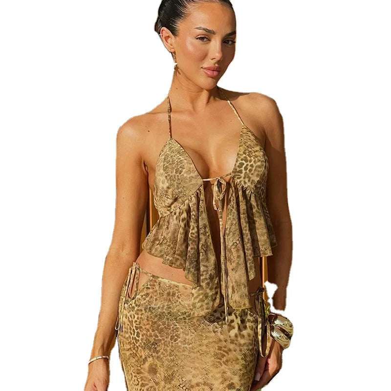 Summer New Women's Two Piece Skirt Set Fashion Print Sexy Strapless Top Slim Lace-up Long Skirt Set Summer Outfits Women