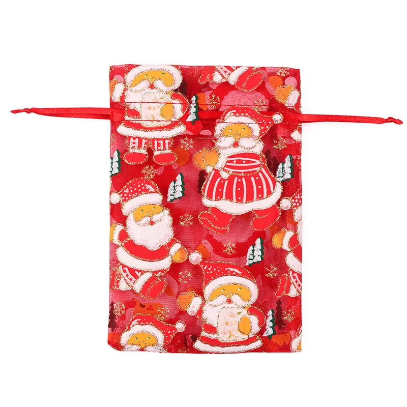 13*18CM Christmas Bronzing Gauze Drawstring Bag Snowflake Star Gauze Bags Santa Claus Elk Storage Pouches