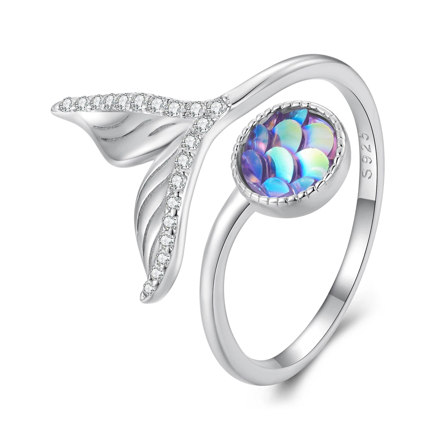 925 Sterling Silver Mermaid Fishtail Opening Ring Colorful Fish Scales Adjustable Ring for Women Fine Jewelry BSR429
