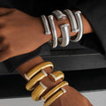 High End Stainless Steel Chunky Elastic Snake Bone Chain Open Bangle Tarnish Free PVD Gold Plated CZ Striped Thick Open Bracelet