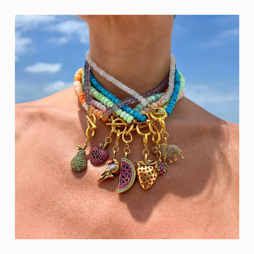 2025 New Arrival Summer Beach Enamel Fruit Elephant Watermelon Zircon Pendant DIY Rainbow Natural Stone Bead OT Buckle Necklace