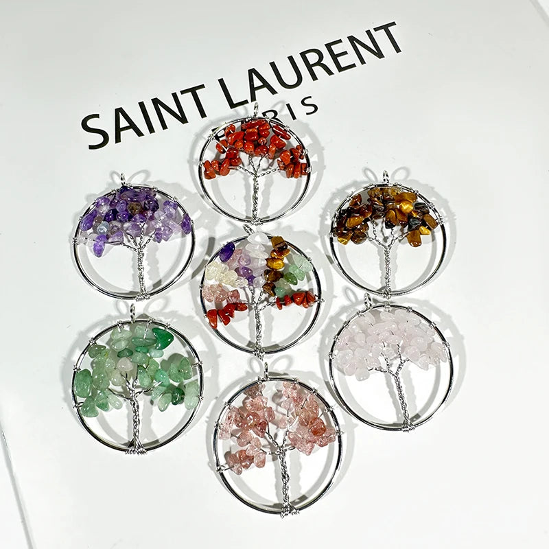 Wholesale 7 Chakra Tree of Life Pendulum Round Necklace Pendant Natural Quartz Crystal Stone Pendants for Jewelry Making