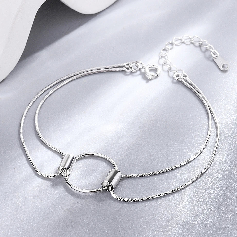 Simple 925 Sterling Silver Geometric Circle Snake Bone Chain Bracelet for Women Girls