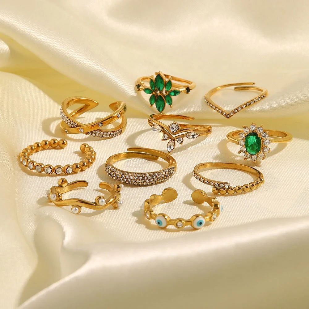 Exclusive Shiny Cubic Zircon Stacking Evil Eyes Flower Waterdrop 18K Gold Plated Stainless Steel Opening Rings
